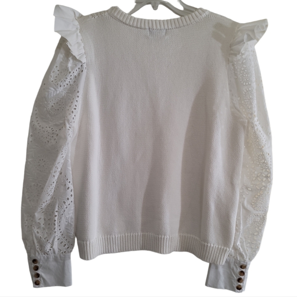 Fate Dnu Eyelet Sweater in White 100% Cotton Ruffled Shoulder Button Cuff - Picture 8 of 9